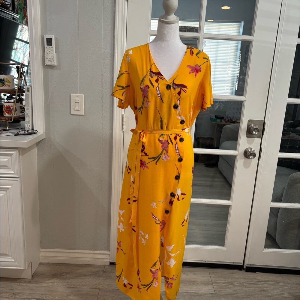 Floral Yellow Wrap Midi Dress with Tie Belt